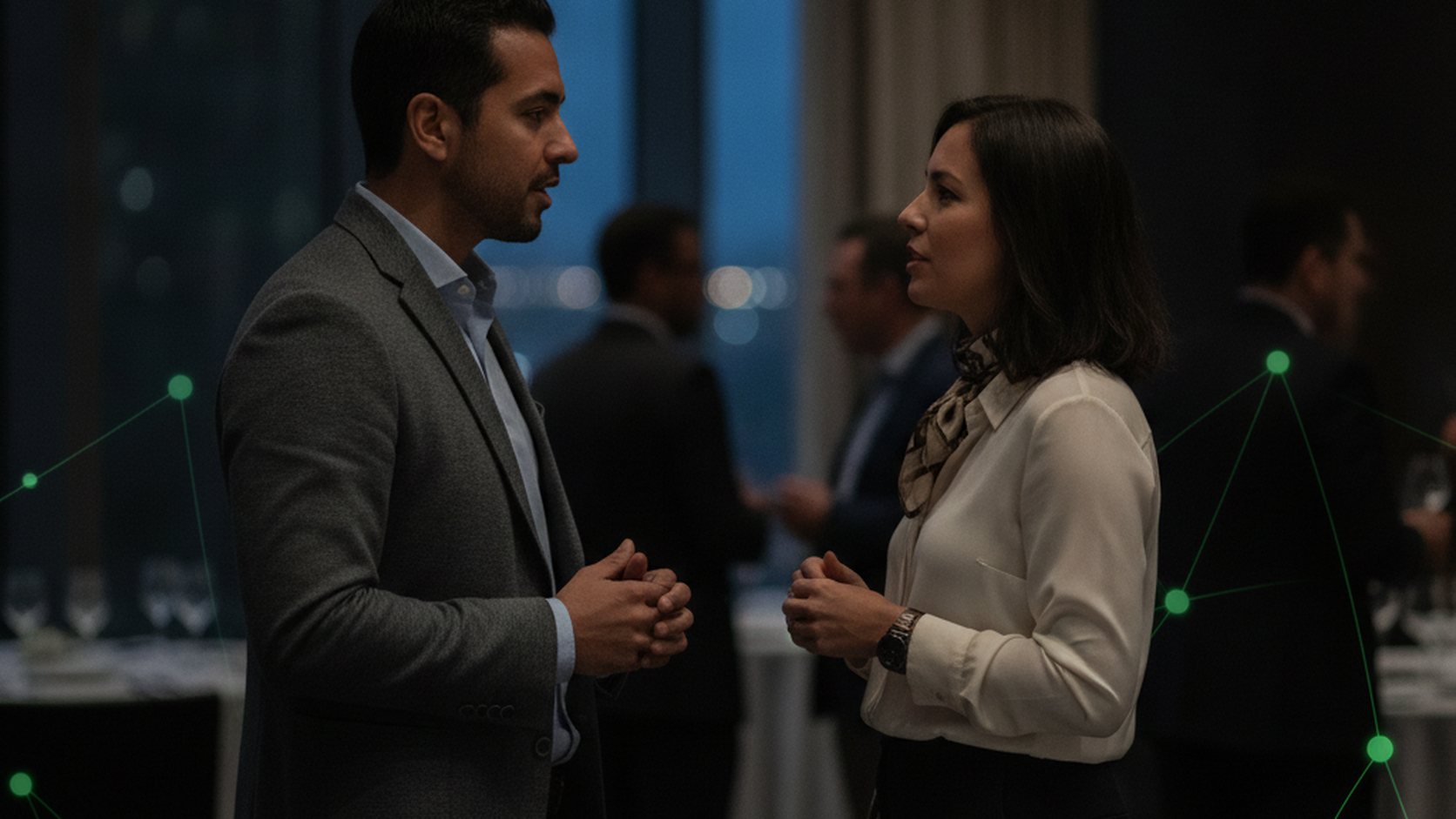 Ilustración editorial: dos profesionales conversando en un evento de networking al anochecer