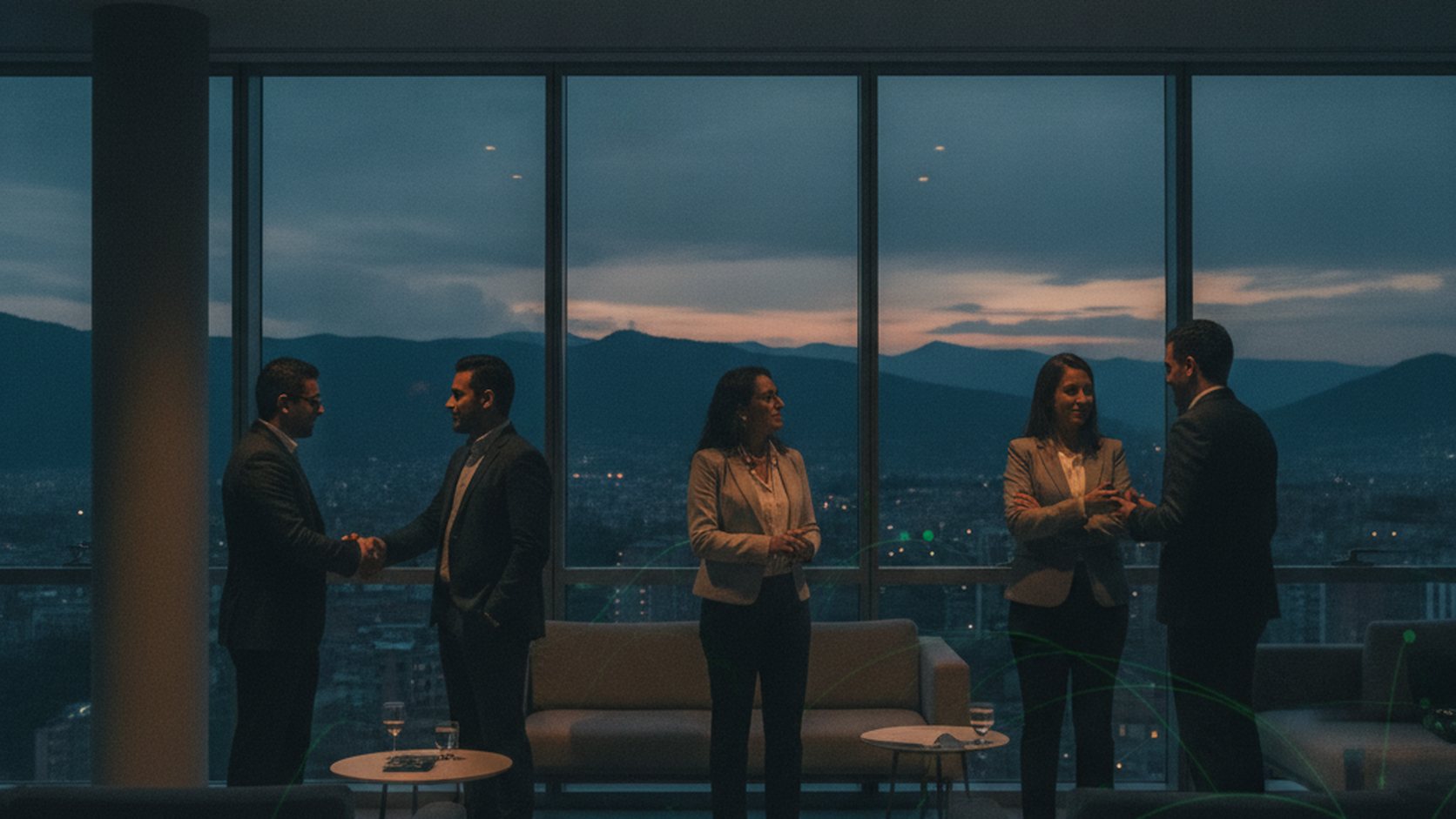 Ilustración editorial: profesionales haciendo networking en un espacio moderno al anochecer